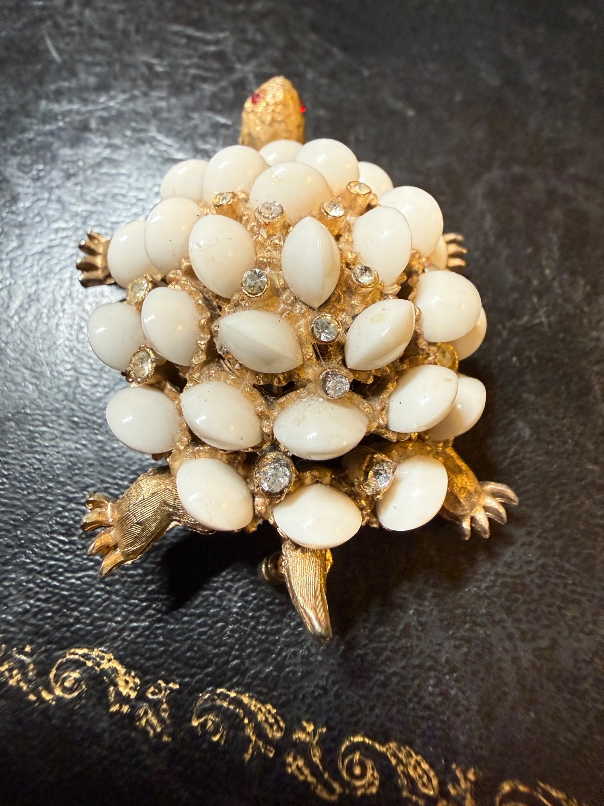 Vintage HAR Turtle brooch Gold Tone White Figural Animal Pin Signed Excellent