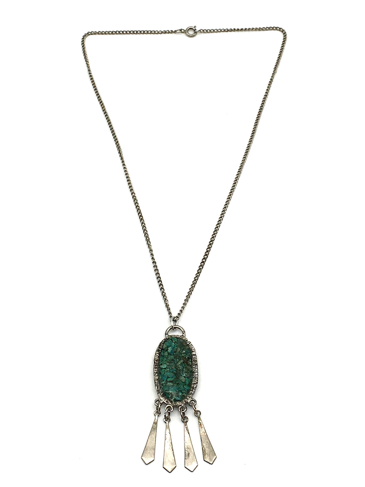 Handmade Nickle Silver Oval Pendant Turquoise Chips Dangling 18″ Chain Necklace