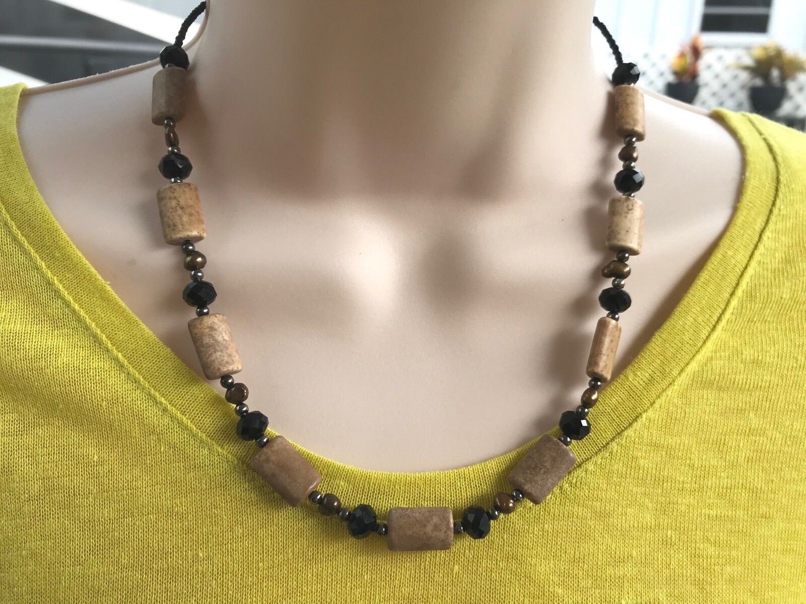 Handmade Necklace Brown Magnesite, Olive Green Freshwater Pearls and Black Glass