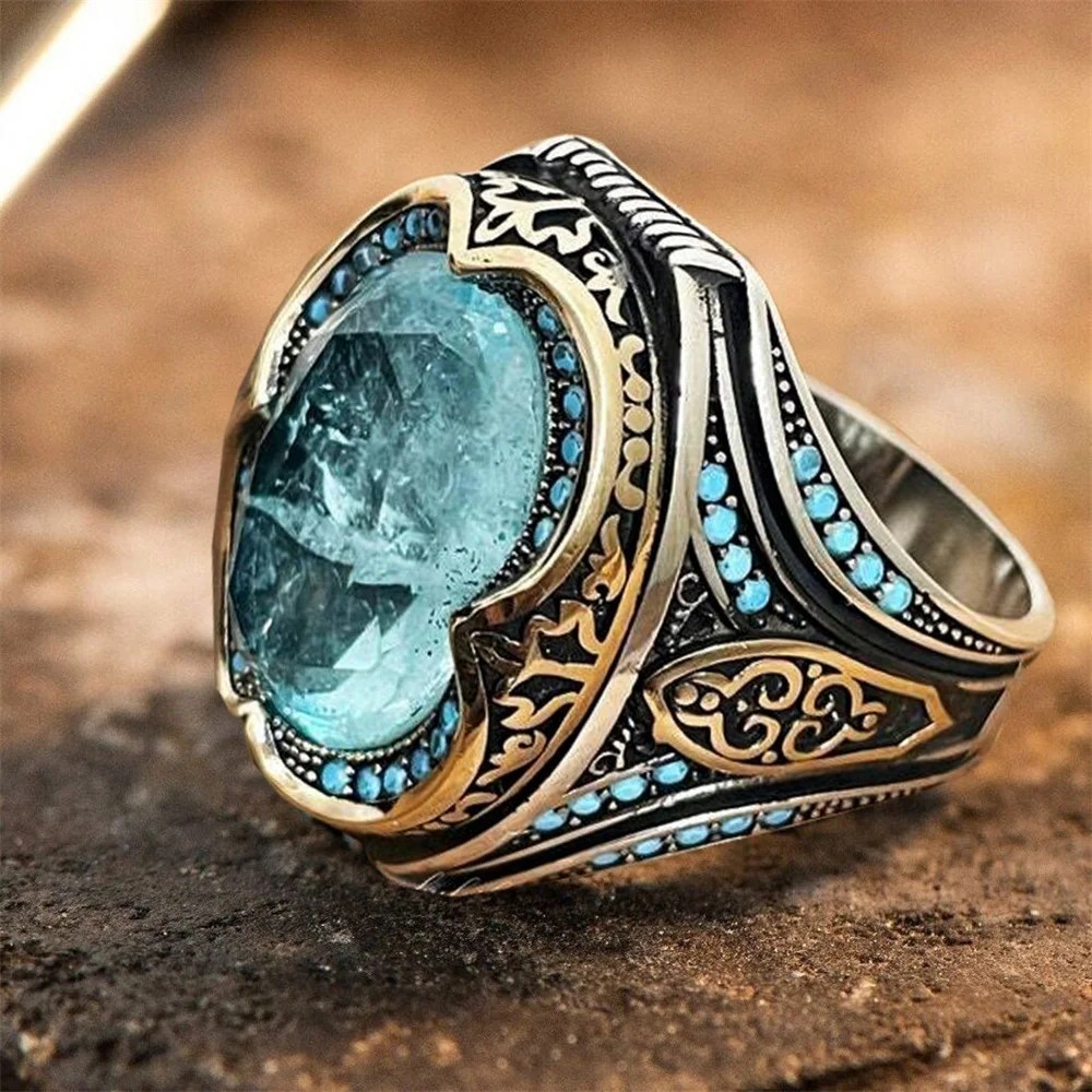 Men’s Handmade Turkish Blue Zircon Stone Ring Ancient Silver Color Pattern Ring