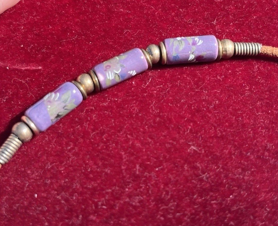 VTG Ceramic Hand Painted Beads Leather Necklace Choker Tube Flowers Purple