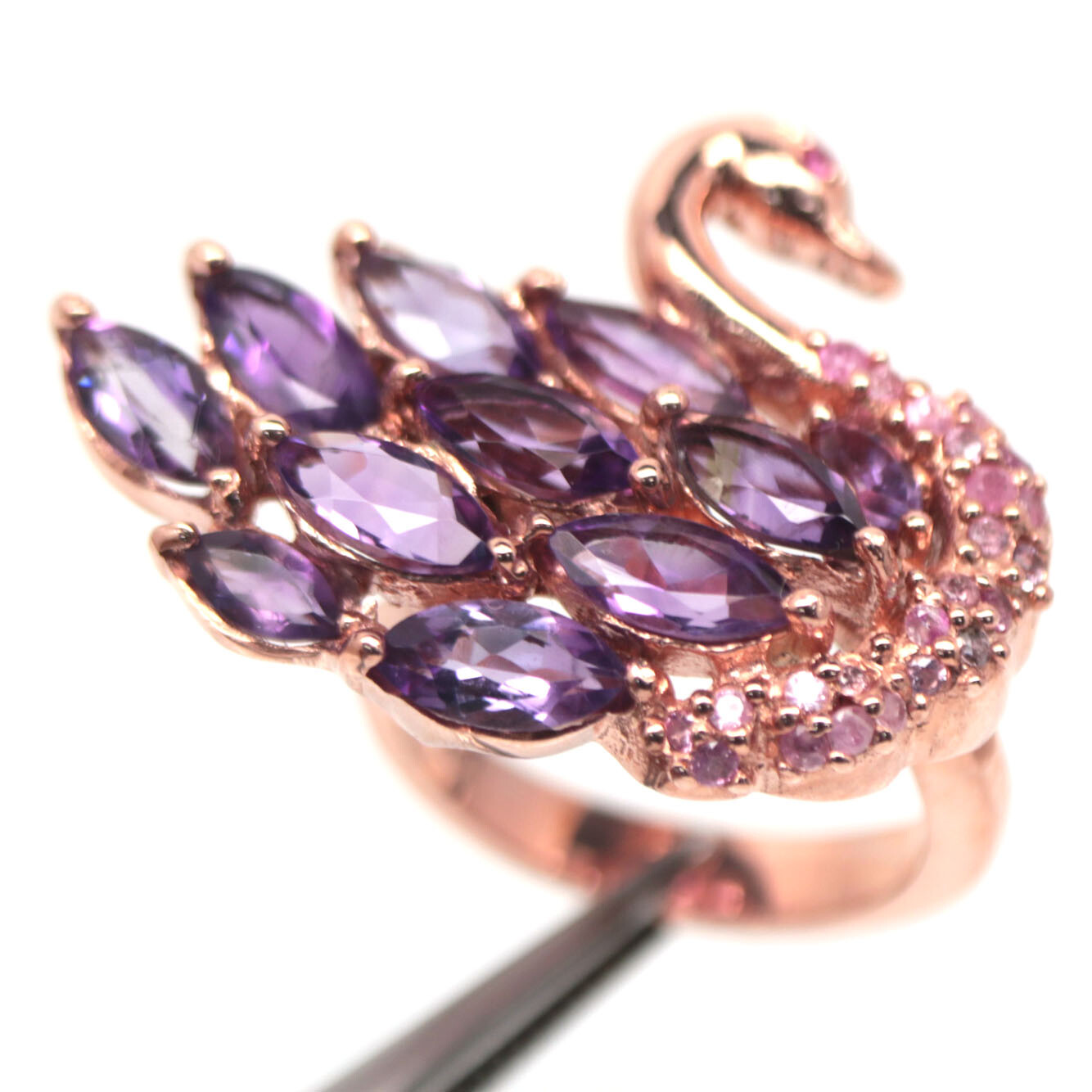 925 Sterling Silver 4 x 8 mm. Purple Amethyst & Pink Sapphire Ring Size 7.5