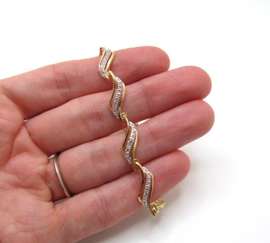 925 Sterling Silver Yellow Gold Wash Diamond Curved Tennis Bracelet 7.25 In