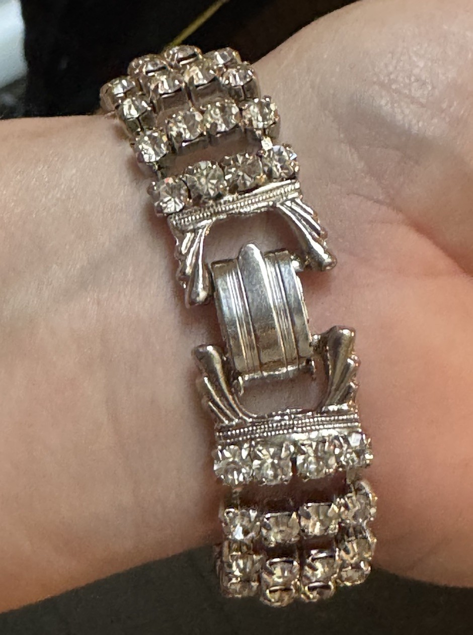 Vintage Weiss? Wide Silver Tone Domed Rhinestone Bracelet 4 Row
