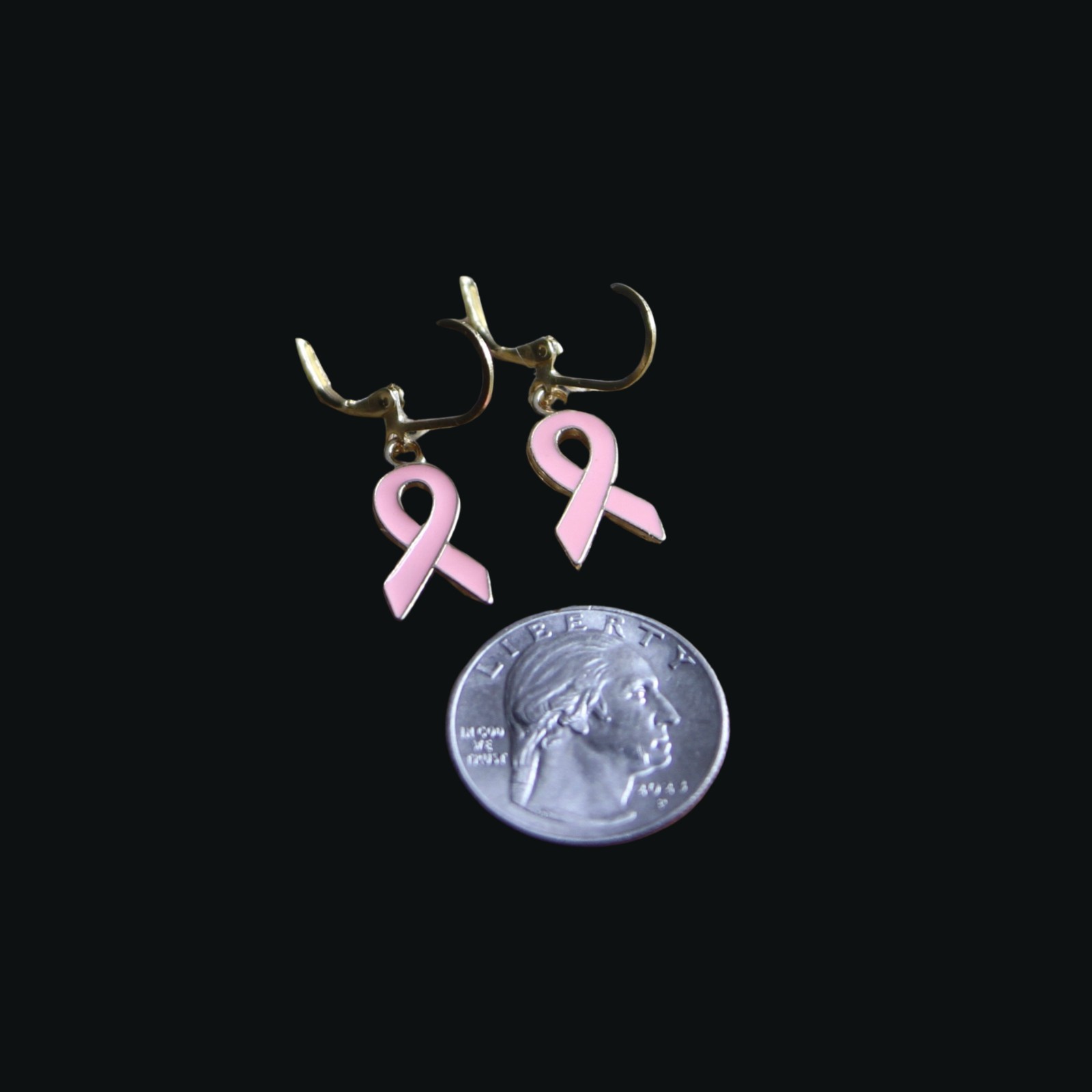 Breast Cancer Awareness Ribbon Earrings with Gold Trim & Lever back Closures