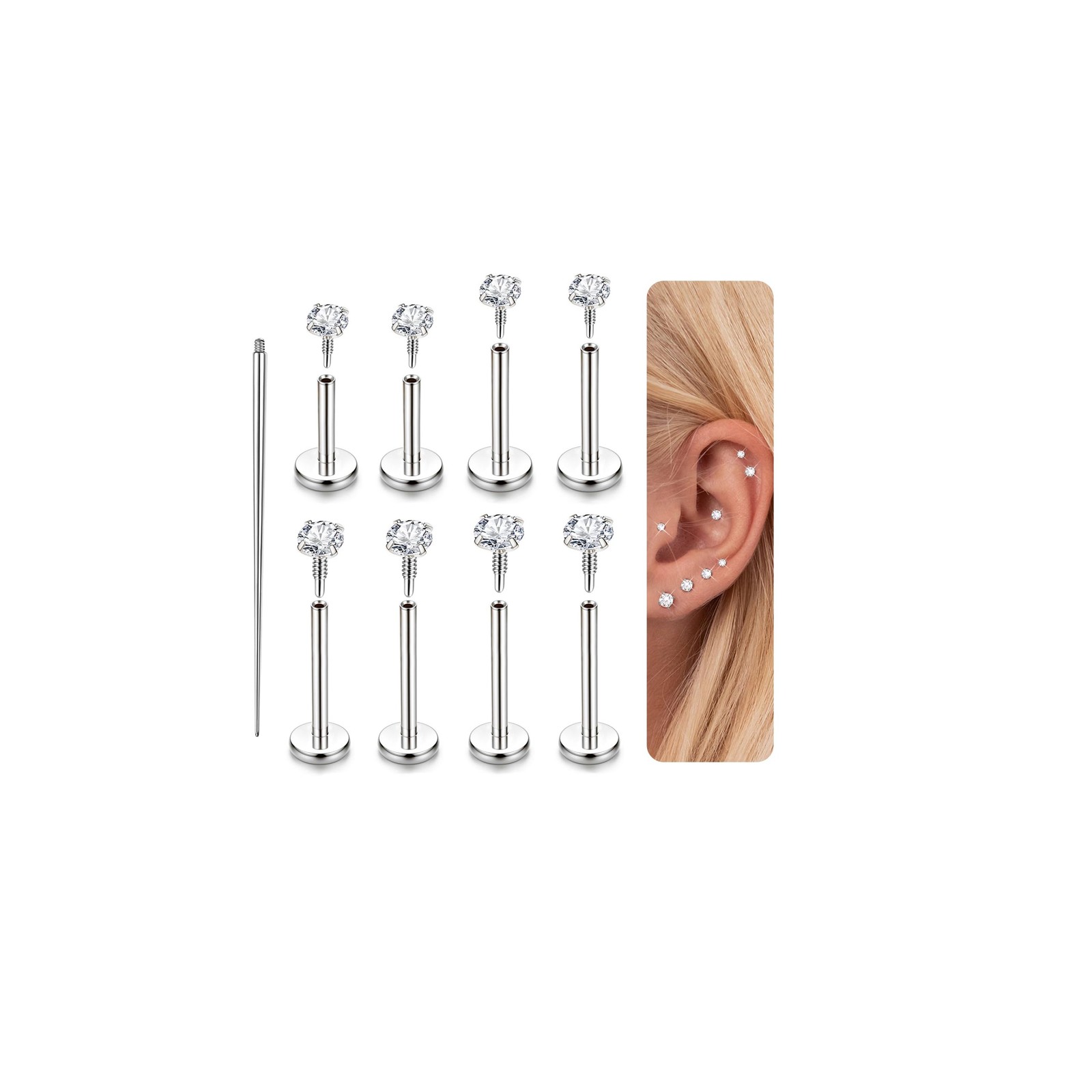 18G Flat Back Earrings Studs-Hypoallergenic Surgical Stainless Steel Cartilag…
