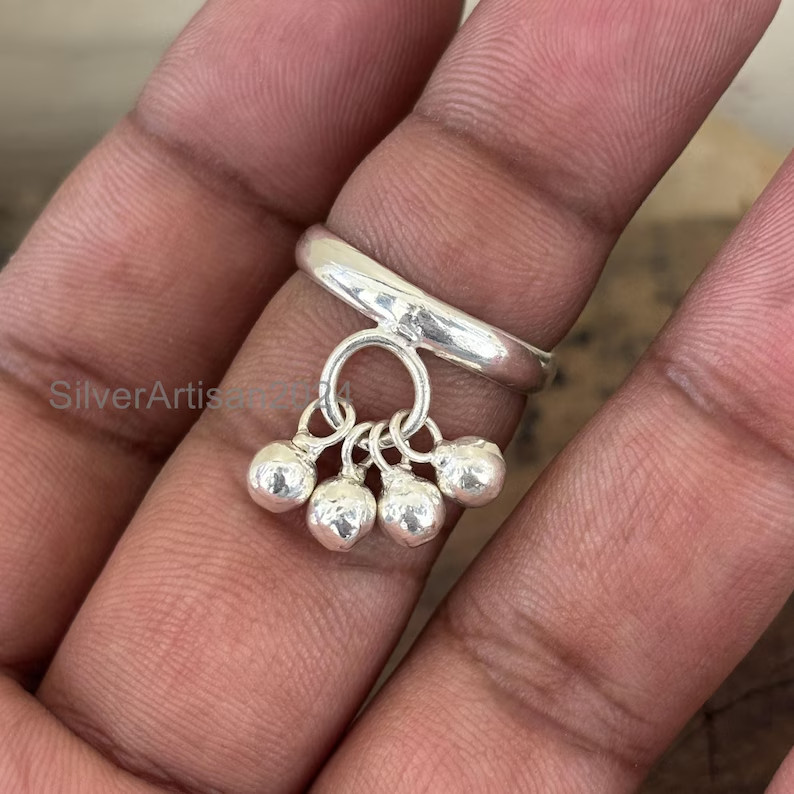 925 Sterling Silver Band Ball Charm Ring: Jingle Bell Inspired Desi All Size