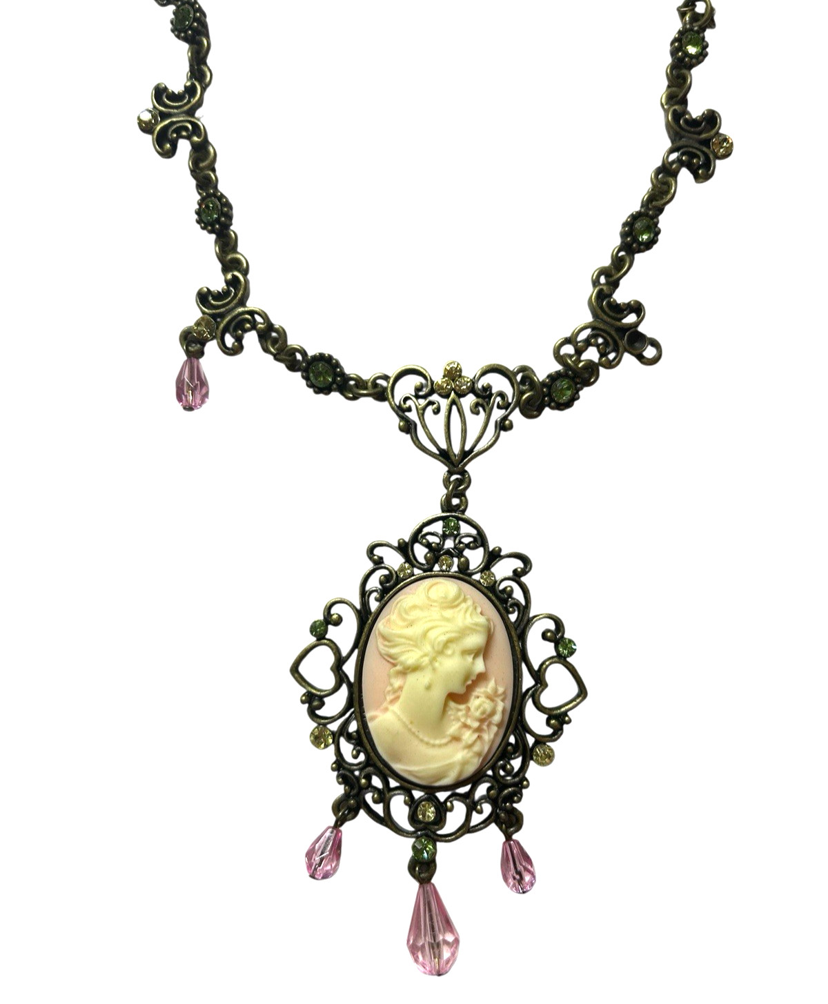 New Cameo Lady Necklace Vintage Style Pink Green Beaded Floral Chain Charm N1326