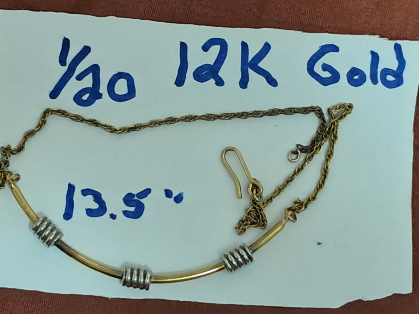 1/20 12K Gold Chain Balance Bar Necklace w/Silver Wrap 13.5″ Choker Length