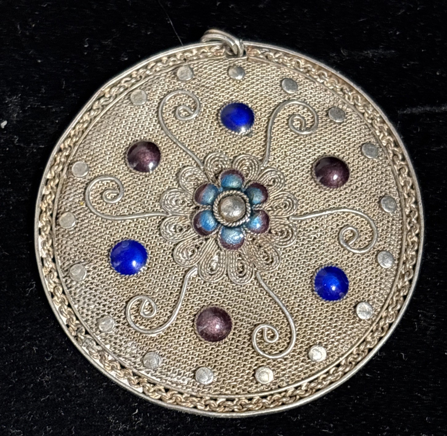 Vintage Chinese Export SILVER Gilt Filigree Cloisonne Necklace Pendant 1960’s