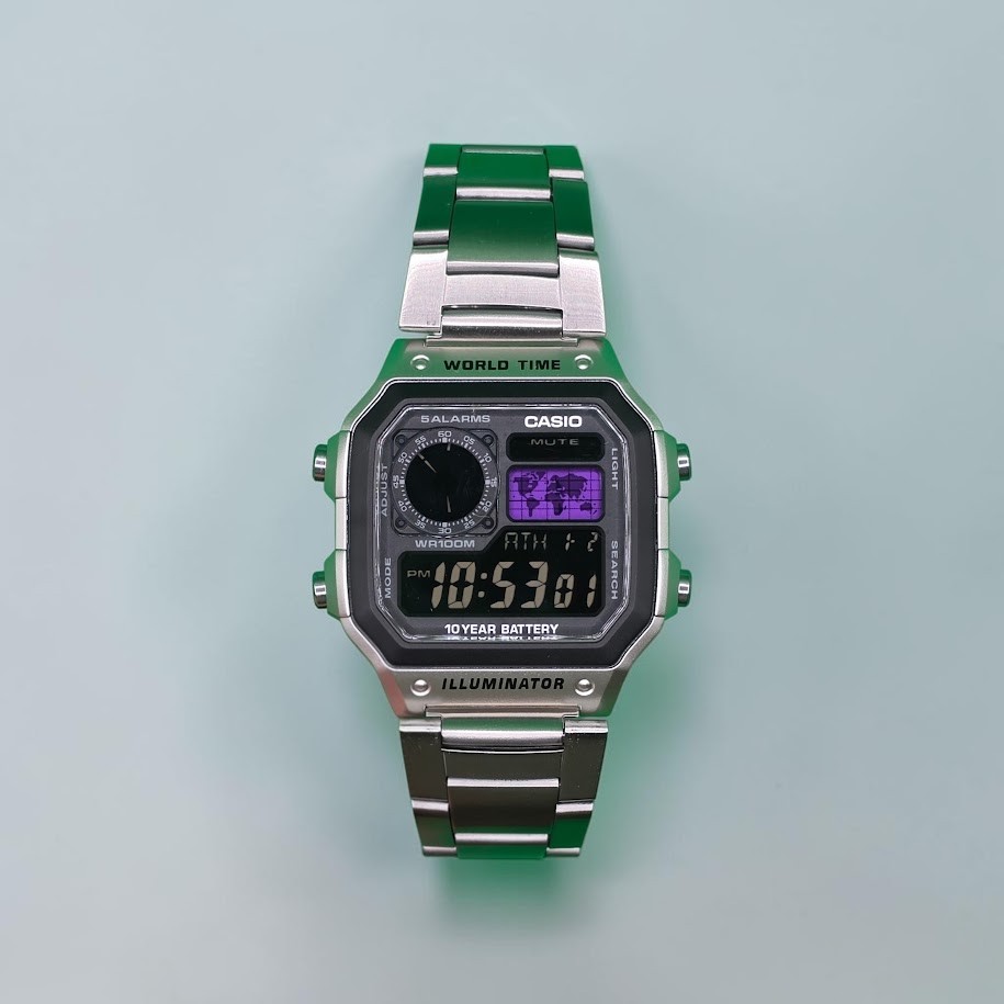 CASIO AE-1200WHD. Royale Watch Mod. Negative Display. PURPLE World Map