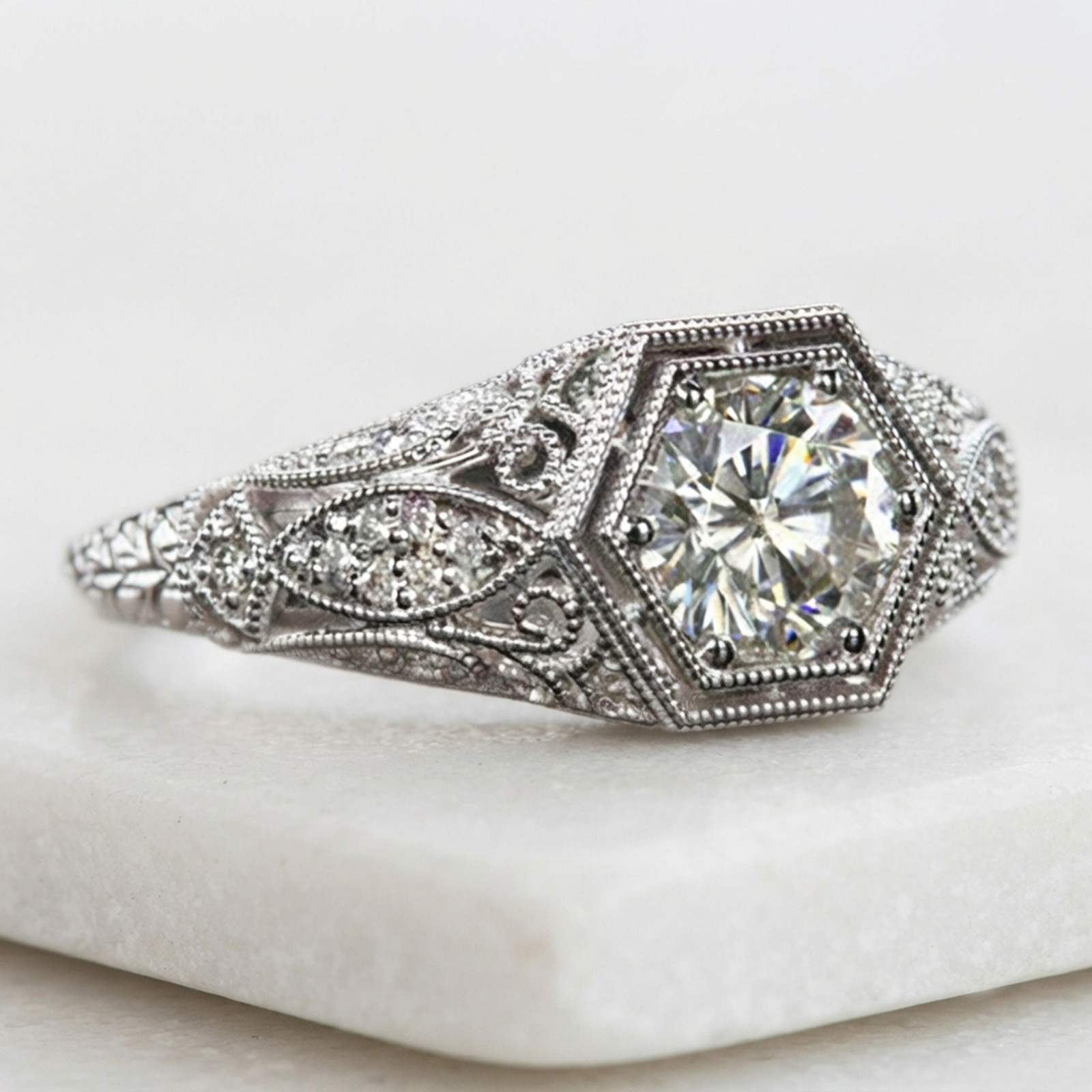 Antique Art Deco Style Round Simulated Diamond 14K Gold Milgrain Engagement Ring