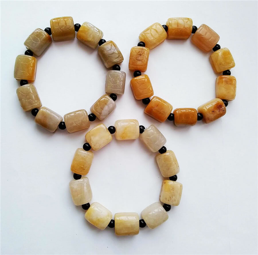 11 X 14mm Yellow Jade Beads Bracelet Turtle Shell pattern long life symbol Lucky