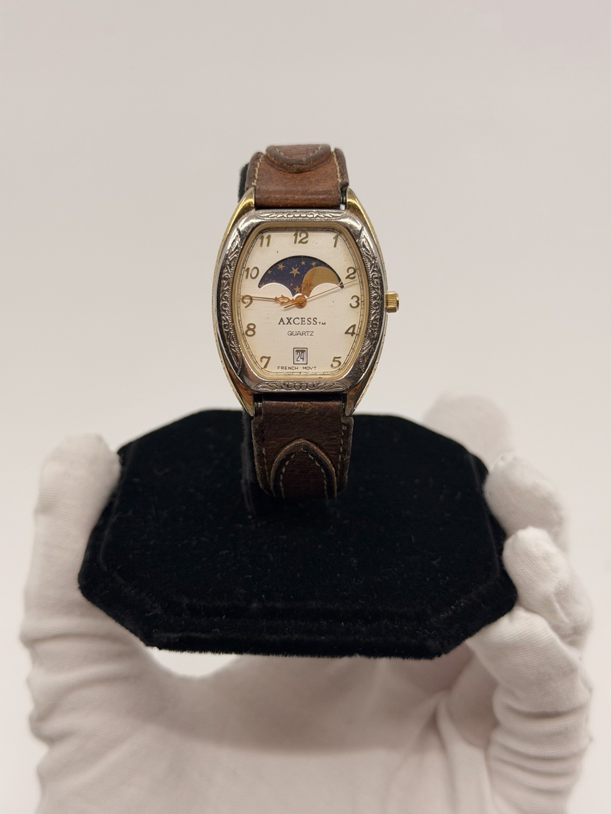 Vintage AXCESS Moon Phase Quartz Watch French Movt Date Western Leather Band