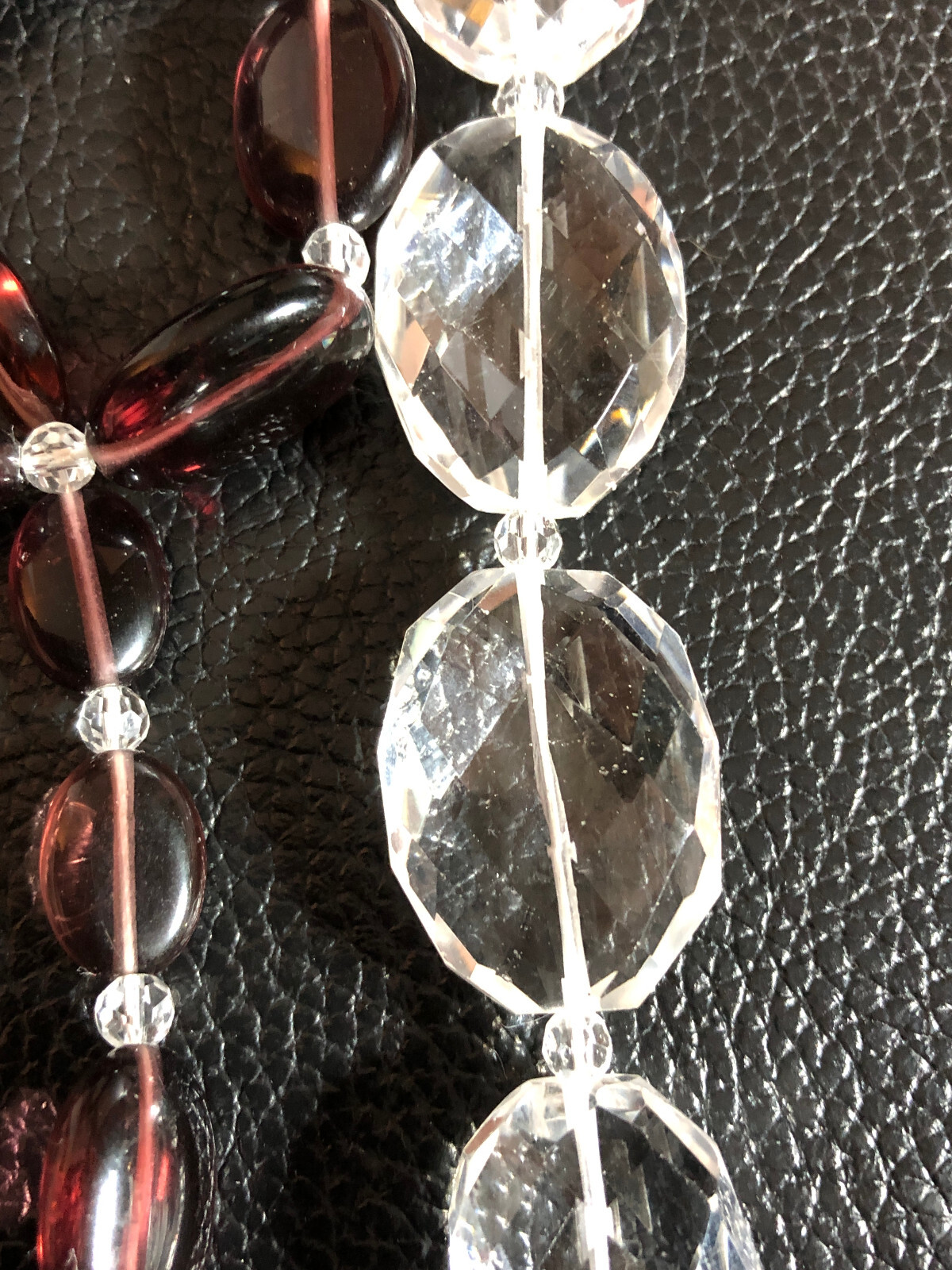Burgundy Glass & Quartz Crystal Bead Station Necklace Sterling Silver 925 5393