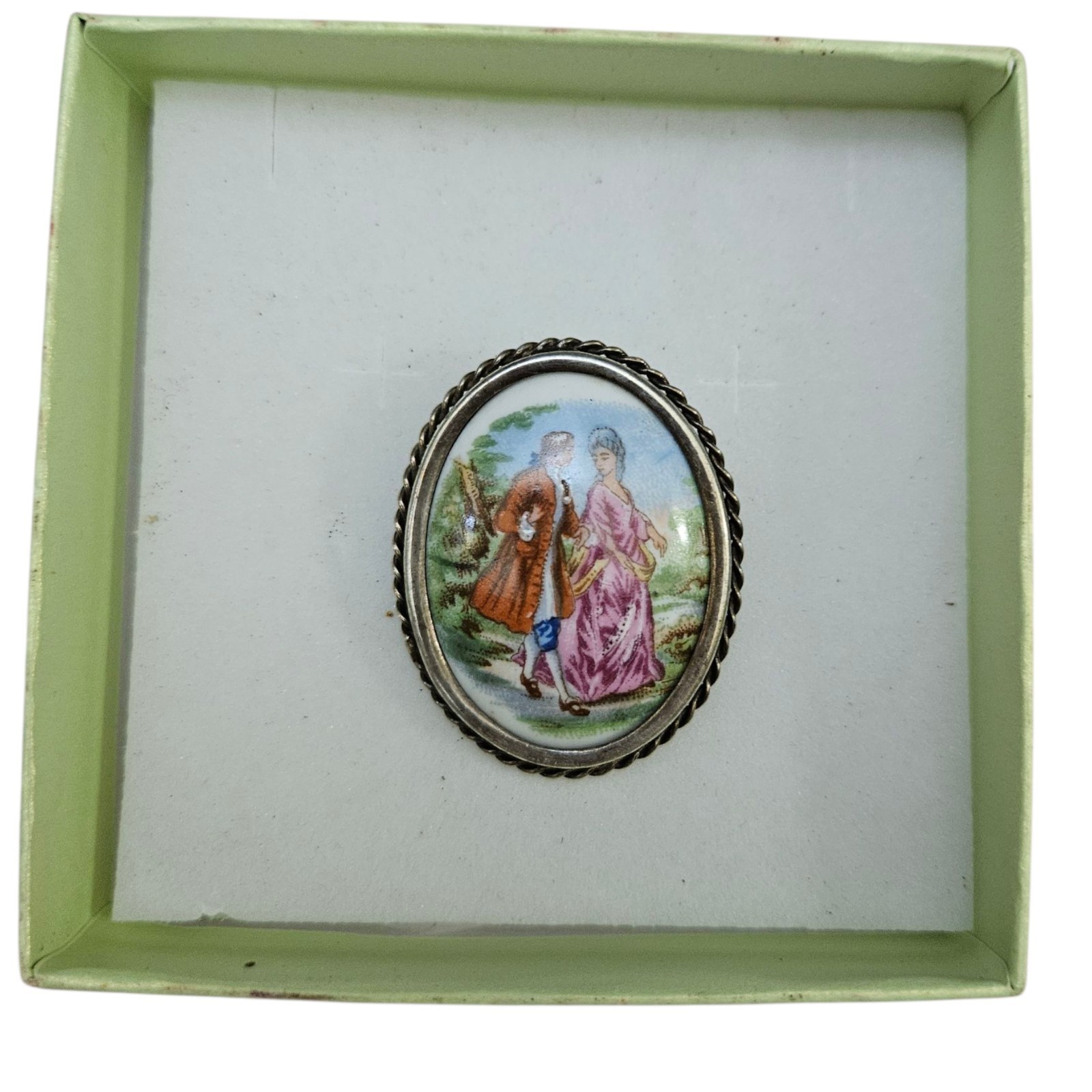 Limoges Brooch Courting Couple Porcelain Fragonard Vintage Pin, 1 5/8 Inches!!