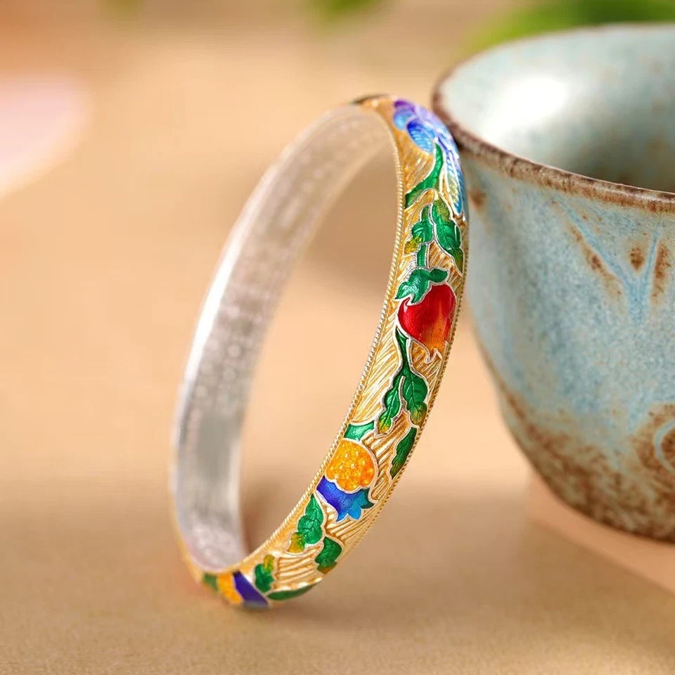 Pure S999 Fine Silver Bracelet 10mm Lucky Enamel Fish Open Bangle 34-35g ID:58mm