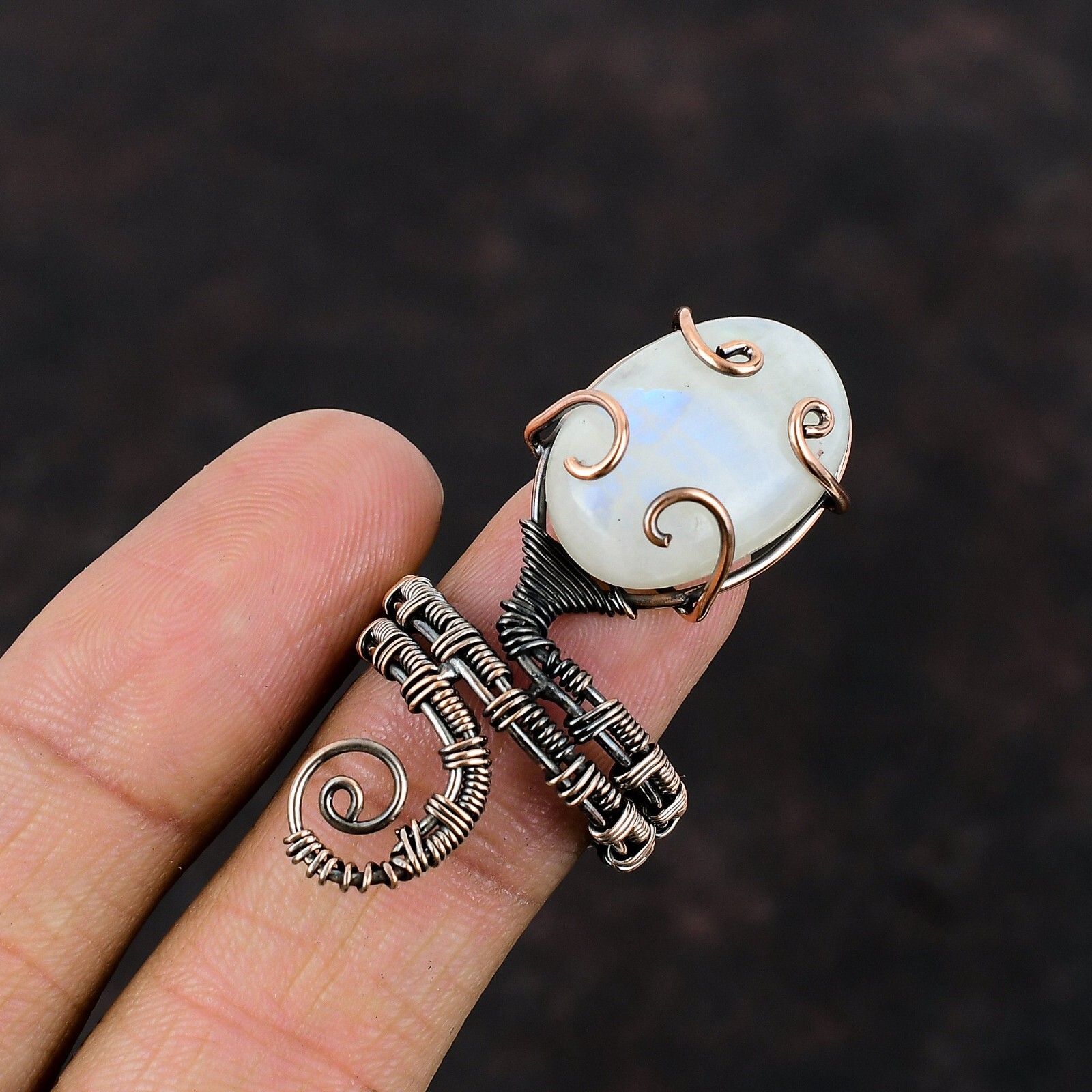 Rainbow Moonstone Copper Gift For Friend Wire Wrapped Promise Adjustable Ring