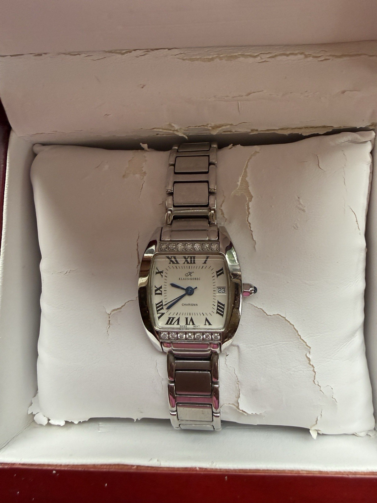 Klaus Kobec Charisma Diamond Quartz Date Silver SS Bracelet White Dial Box
