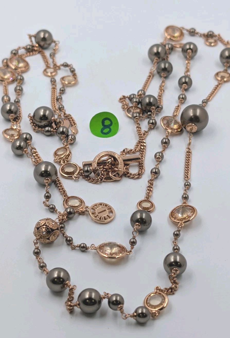 HENRI BENDEL Gold Rose Tone, Crysta & Faux Pearl Two Strand Long Necklace 40”