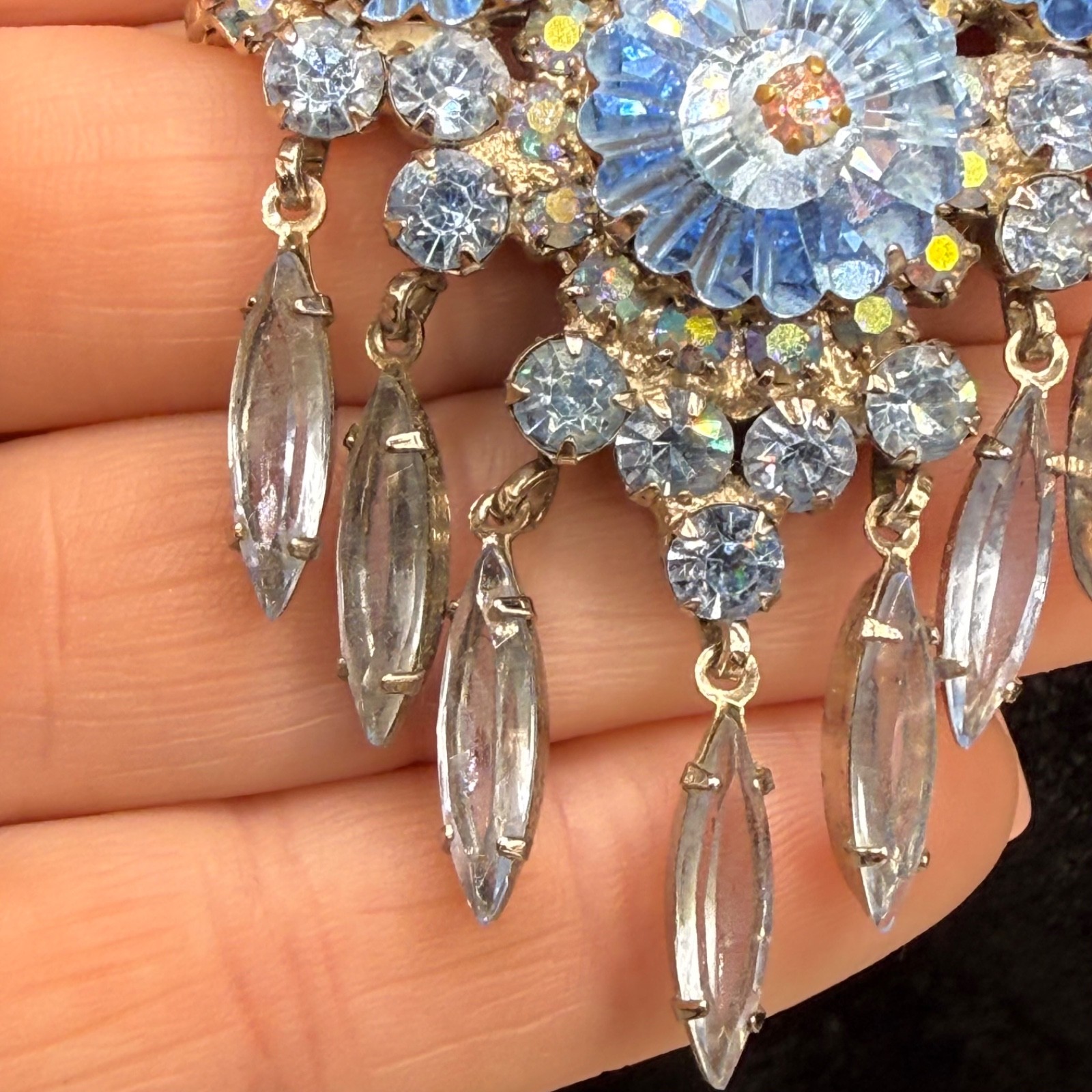 Vintage Juliana Brooch Blue Rivoli Stunning Chandelier Owl Eyes