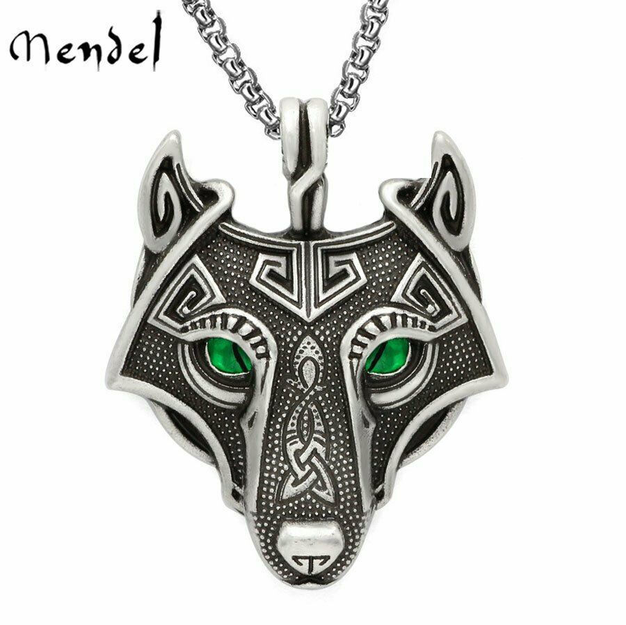 MENDEL Mens Stainless Steel Viking Celtic Wolf Head Pendant Necklace For Men
