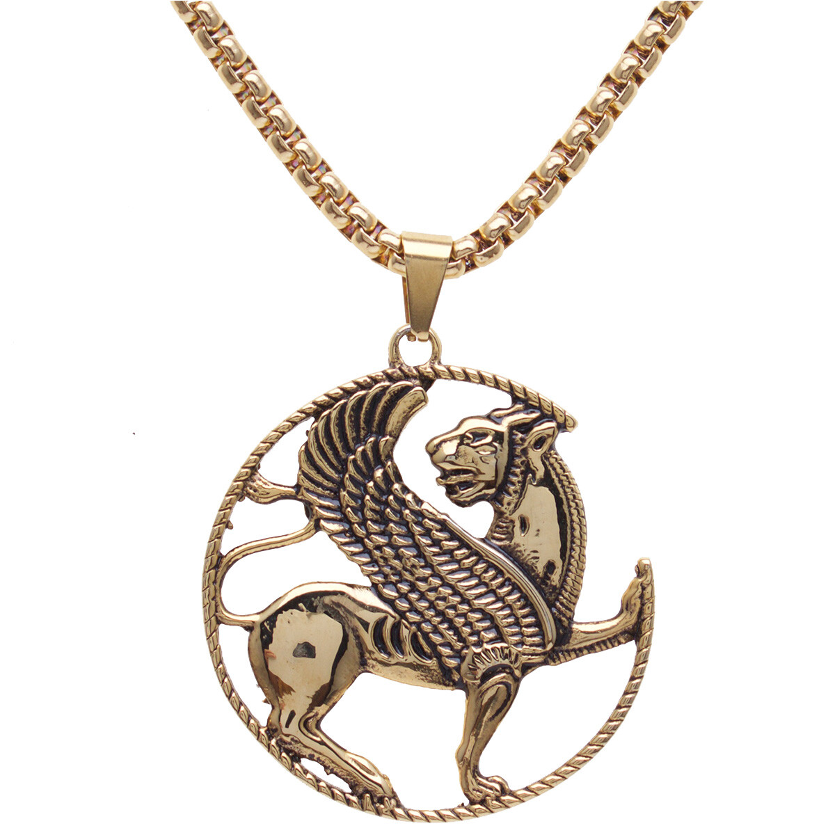 Gold Pt Iranian Persian Winged Lion Necklace Chain Beads Persia Farvahar Gift