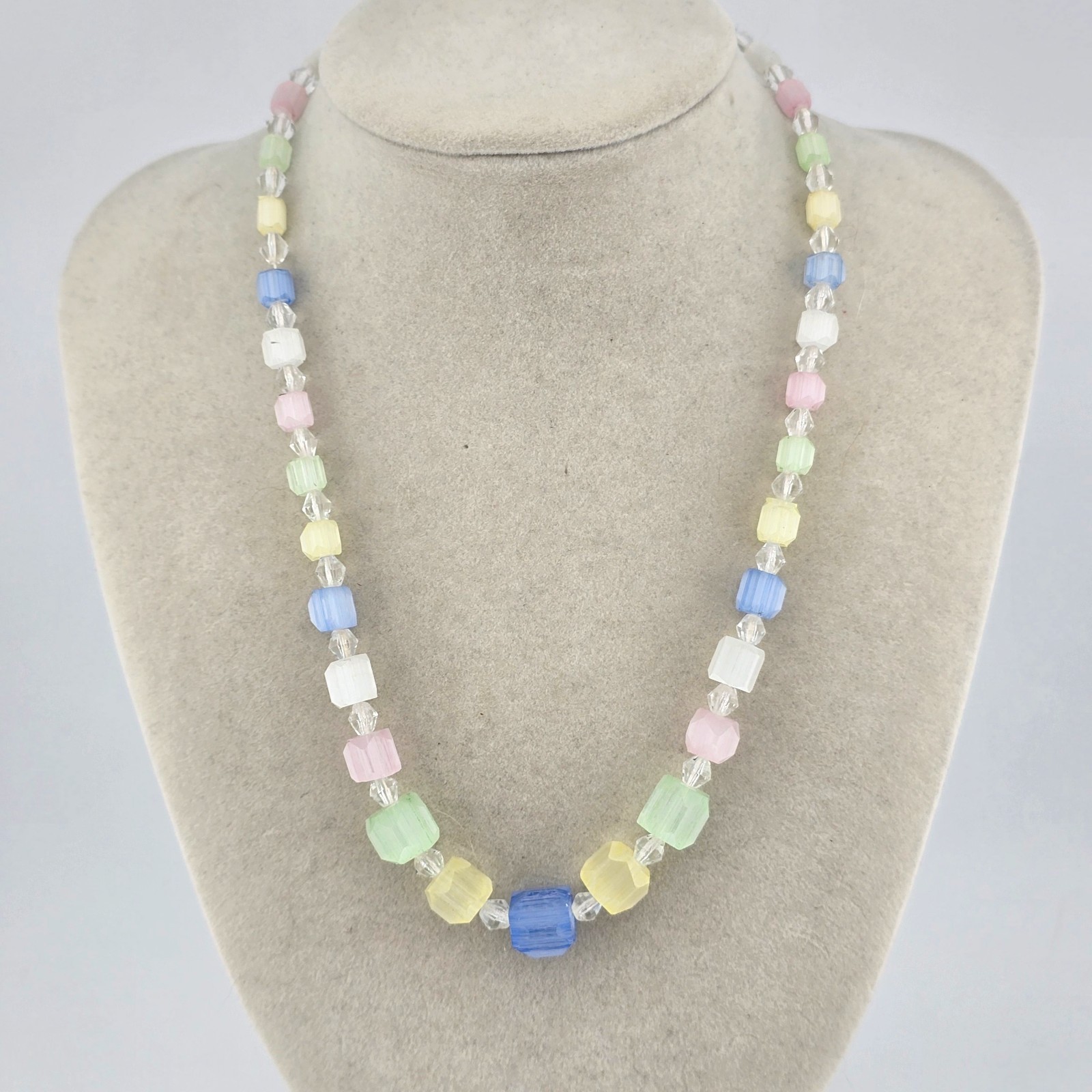 Vintage Likely Czech Satin Glass Pentagon Pastel Faceted Necklace