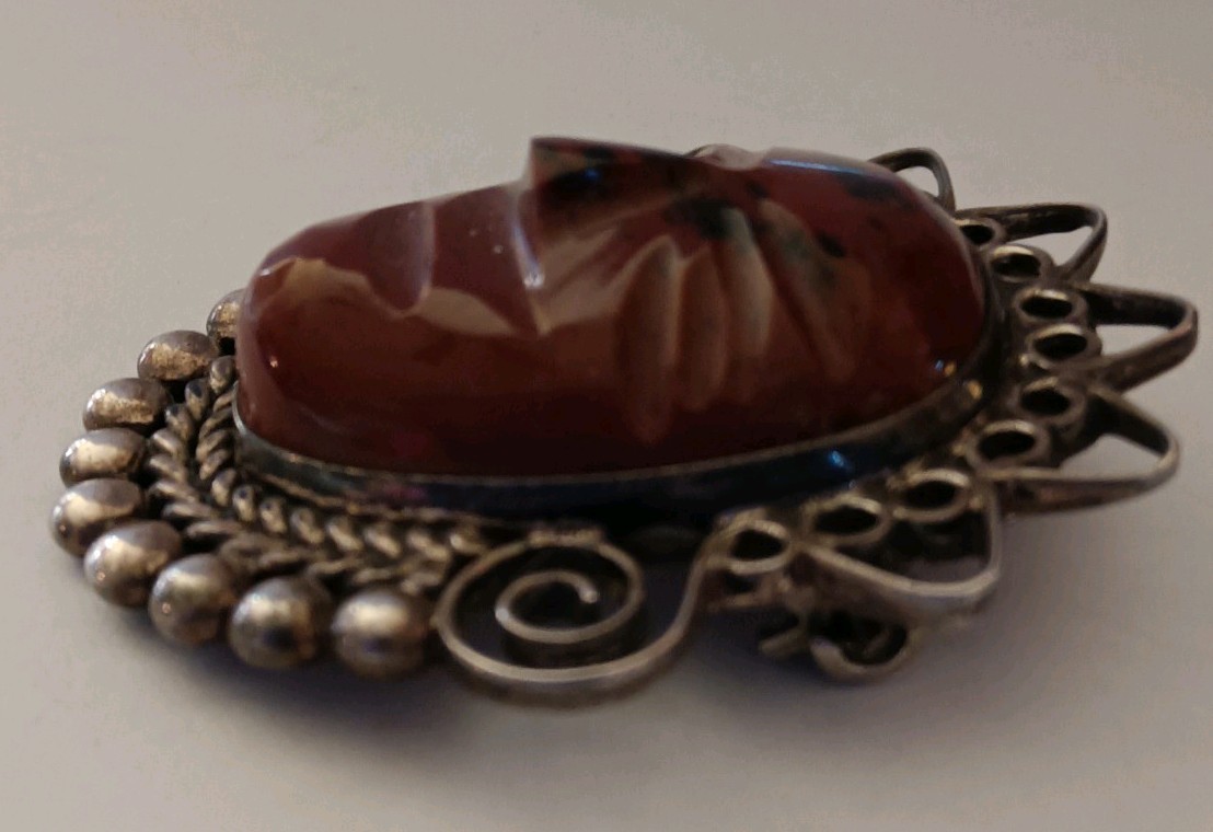 Vintage Mexican Aztec Face Mahogany Obsidian Brooch Pendant Sterling Marked