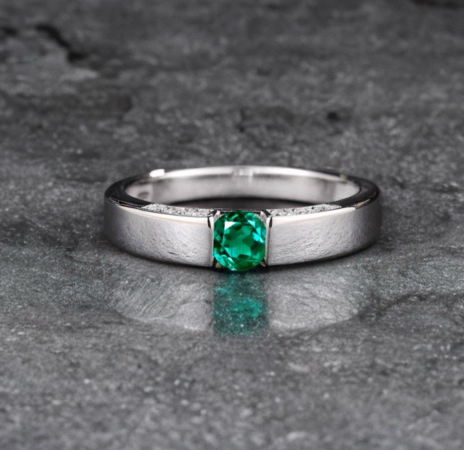 04mm Round Emerald Men’s Wedding Dainty Ring Band 14k White Gold Plated