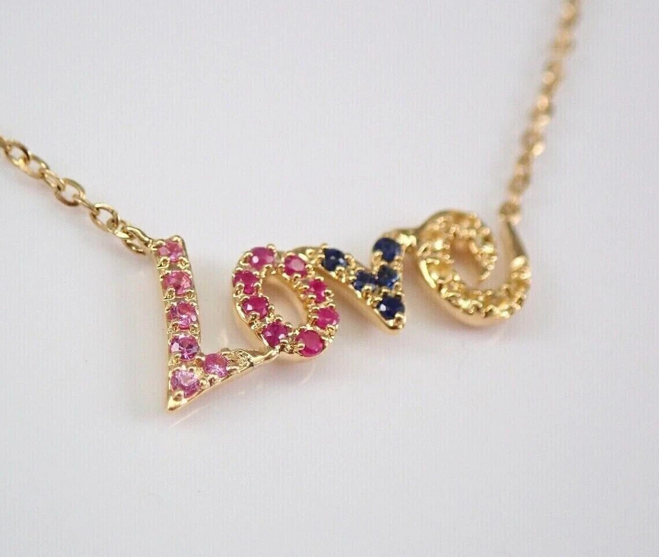 18K Yellow Gold Plated 2Ct Round Lab-Created Multi Color LOVE Necklace 18′ Chain