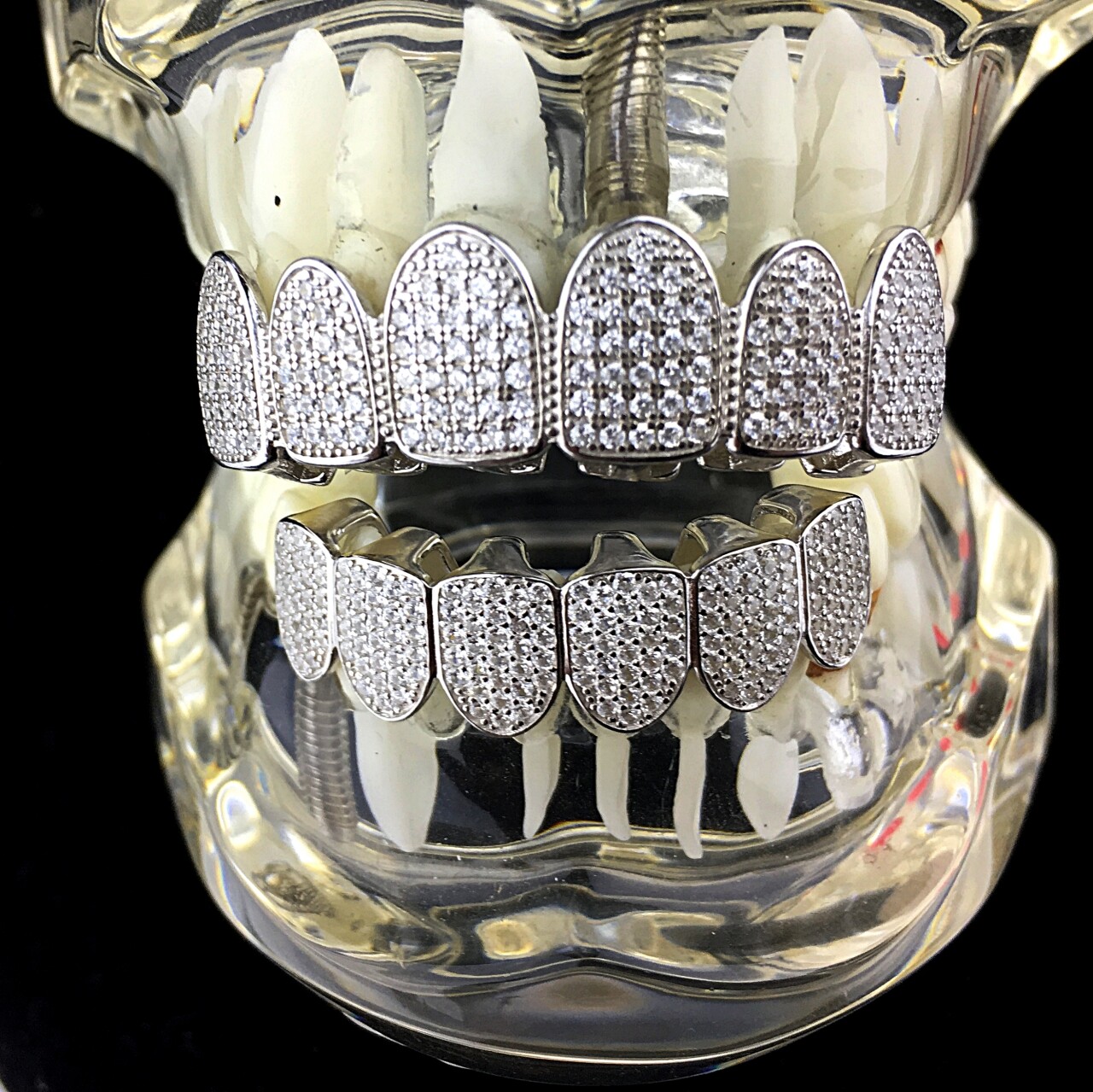 Men’s Real 925 Silver Grillz White Iced Micro Pave CZ Flooded Out Teeth Grills