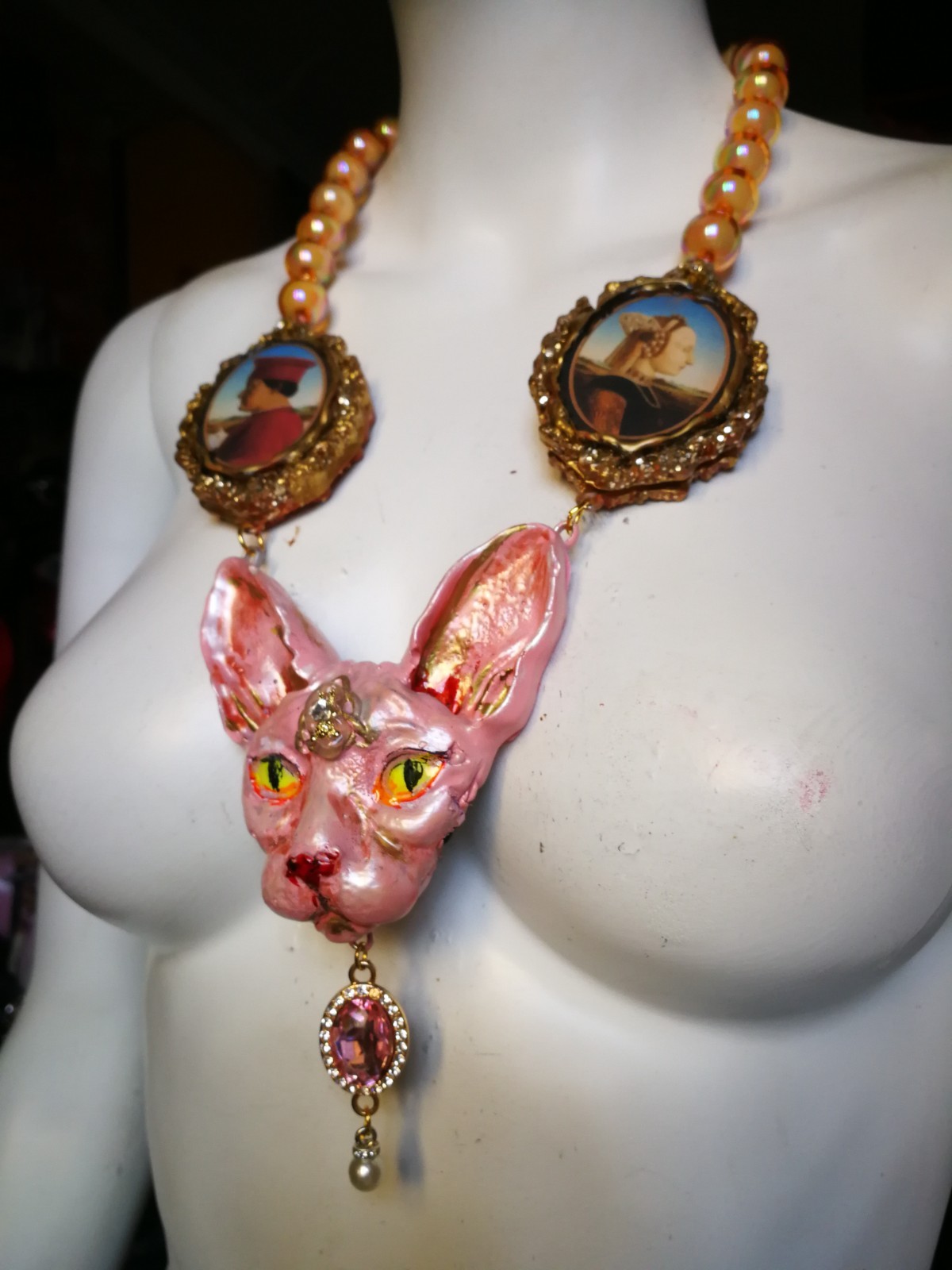 Statement Luxury Necklace Jewelry Pendant Sculpture Sphynx Cat Antique Cameo Bib