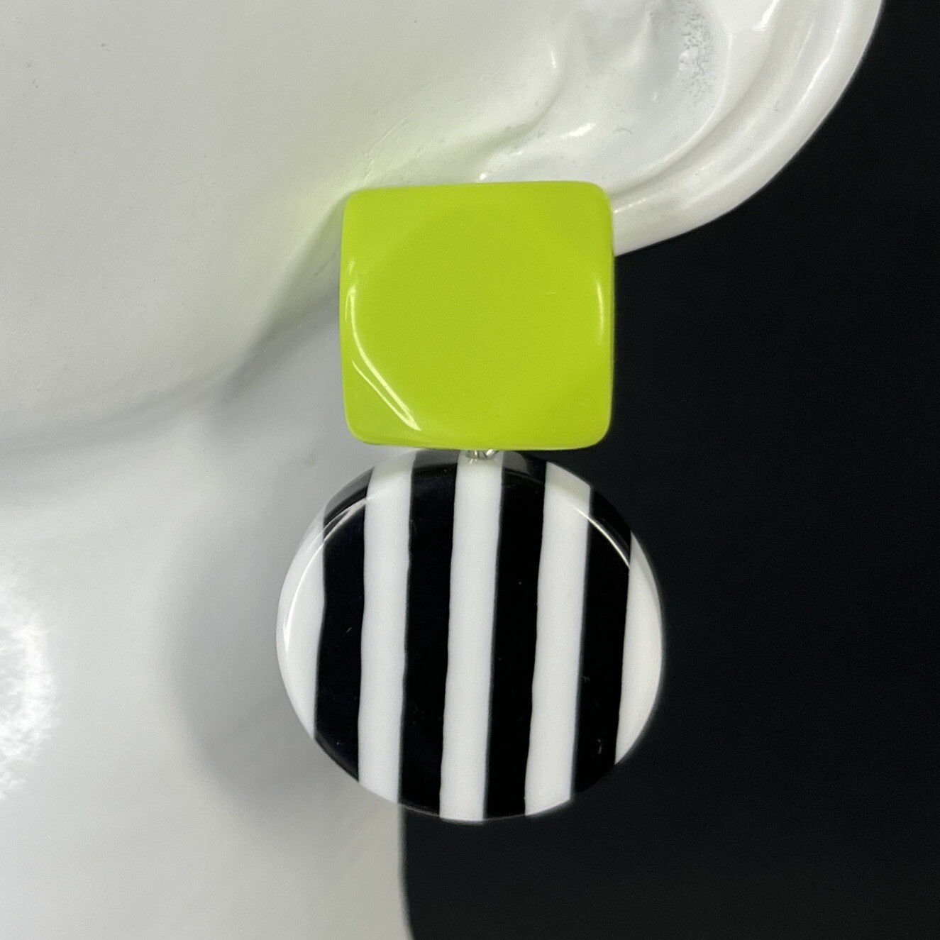Layered Lucite Stripe Earrings Black White Lime Green Pierced Post Modern Art