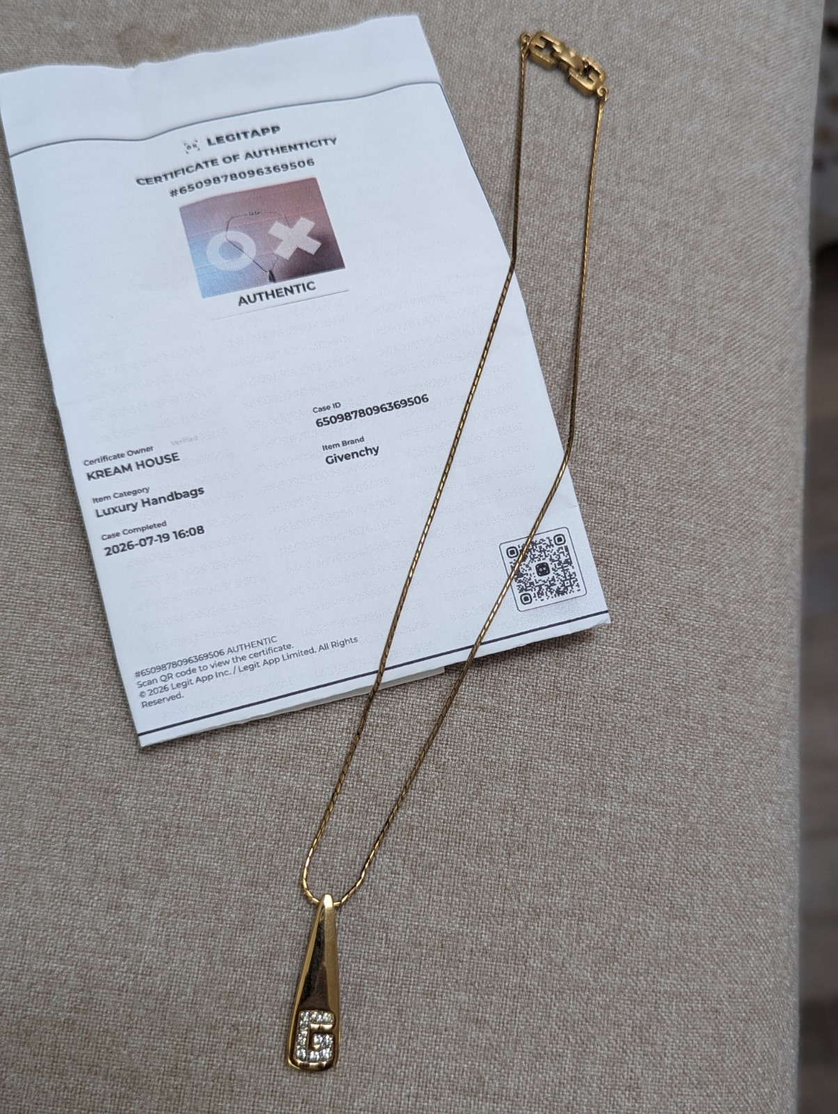 100 % Authentic GIVENCHY Vintage Gold Plated G Crystal Necklace (1982) W/COA