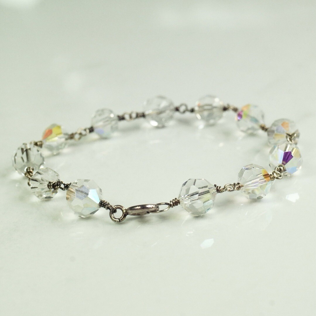 Sterling Silver Twisted Wire Clear Glass Crystal Bead Bracelet 7.36”