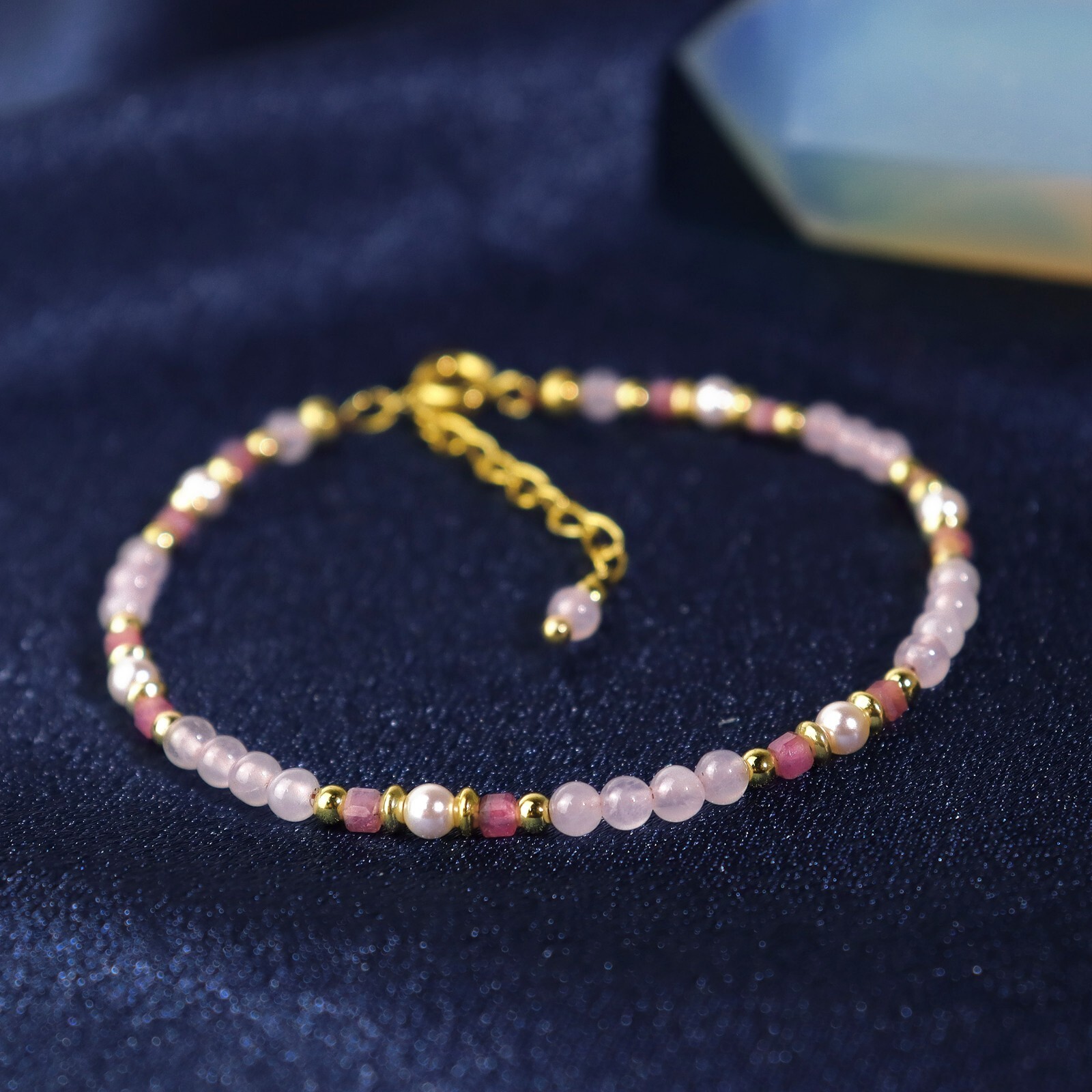 Tourmaline Pearl Rose Quartz Beaded Healing Crystal Women Dainty Bracelet Gift