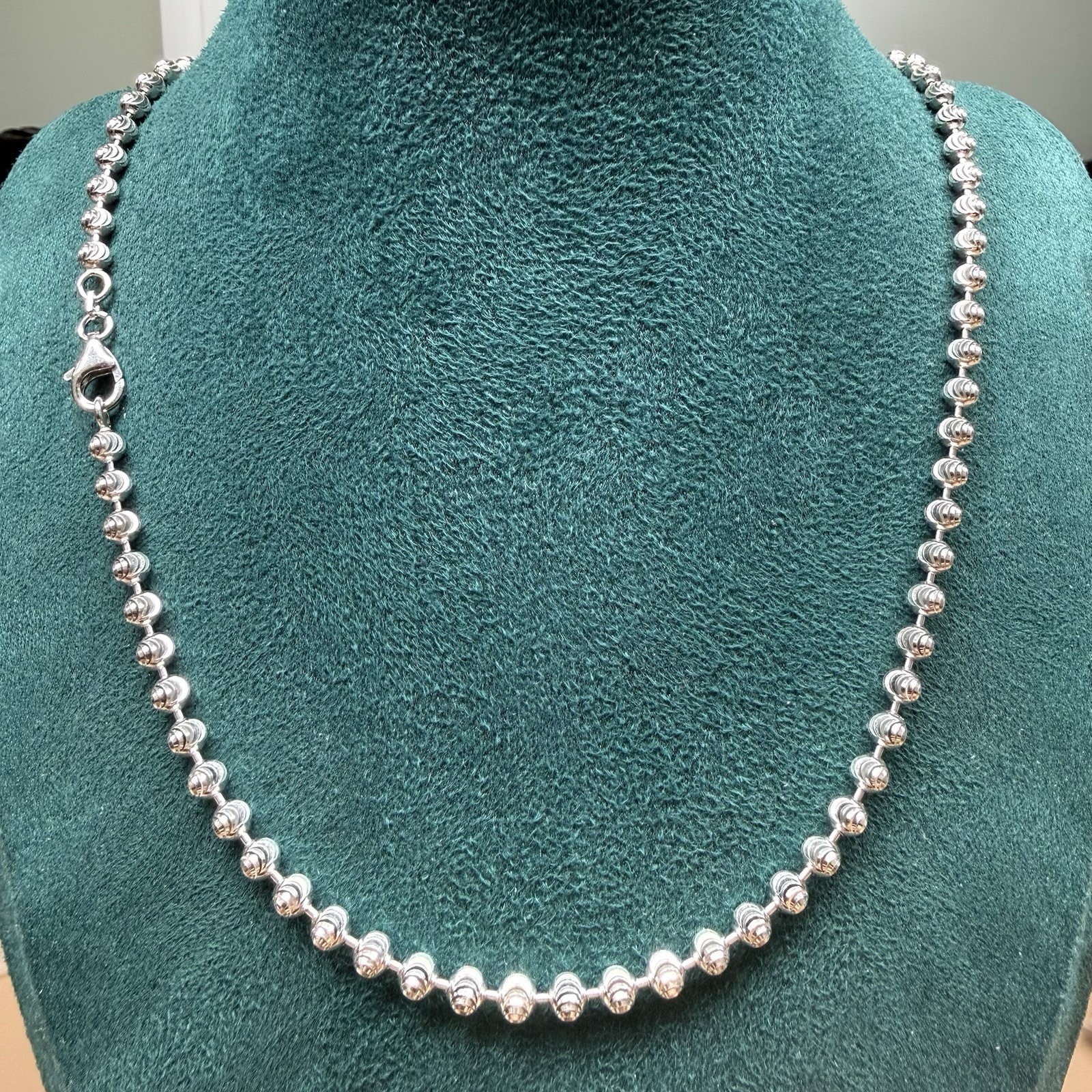 925 Sterling Silver Italy Moon Cut Bead Ball Chain Necklace 24” 3.9mm
