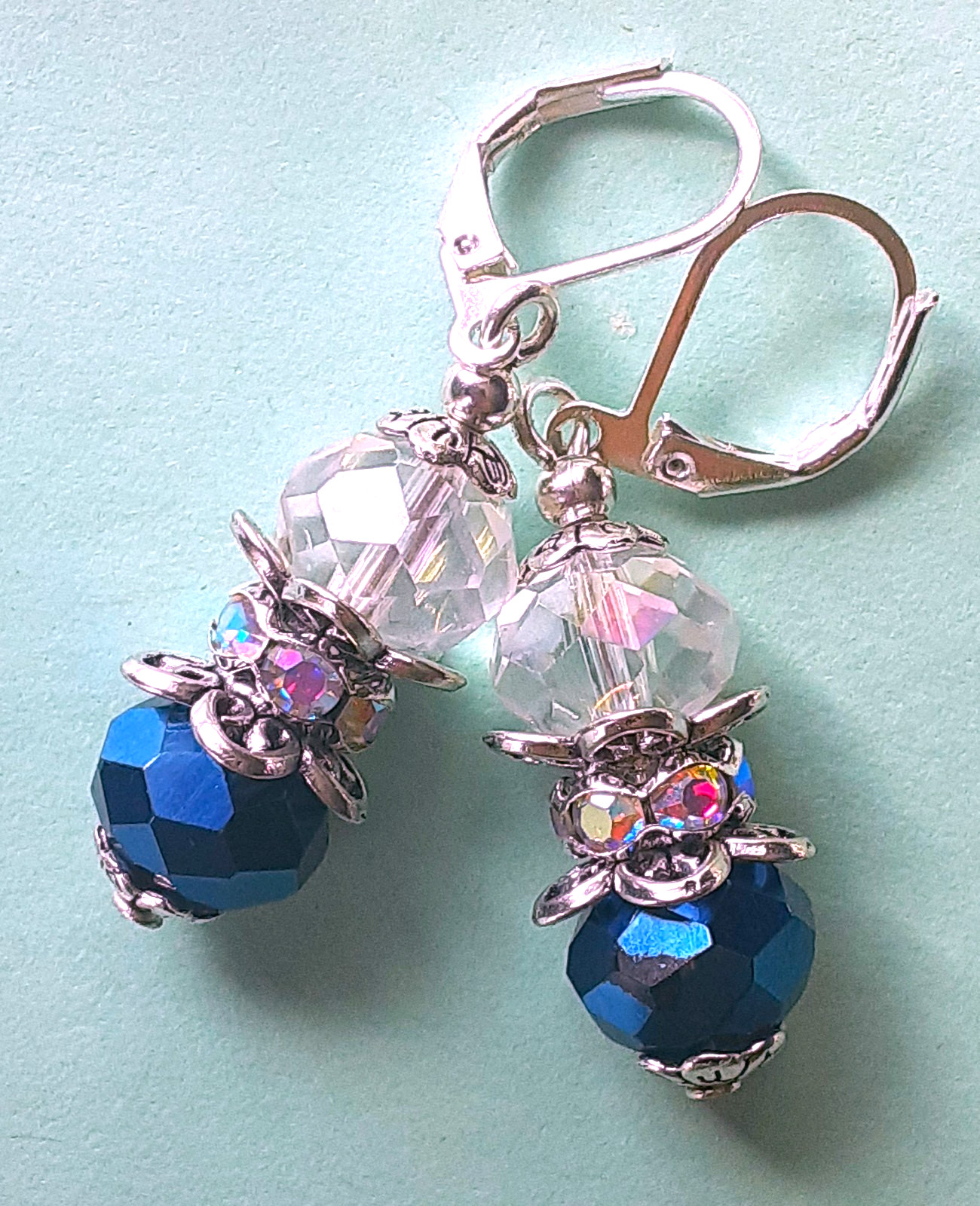 NAVY & CLEAR Faceted CRYSTALS AB CRYSTAL RING earring SP LEVERBACK artisan #N25