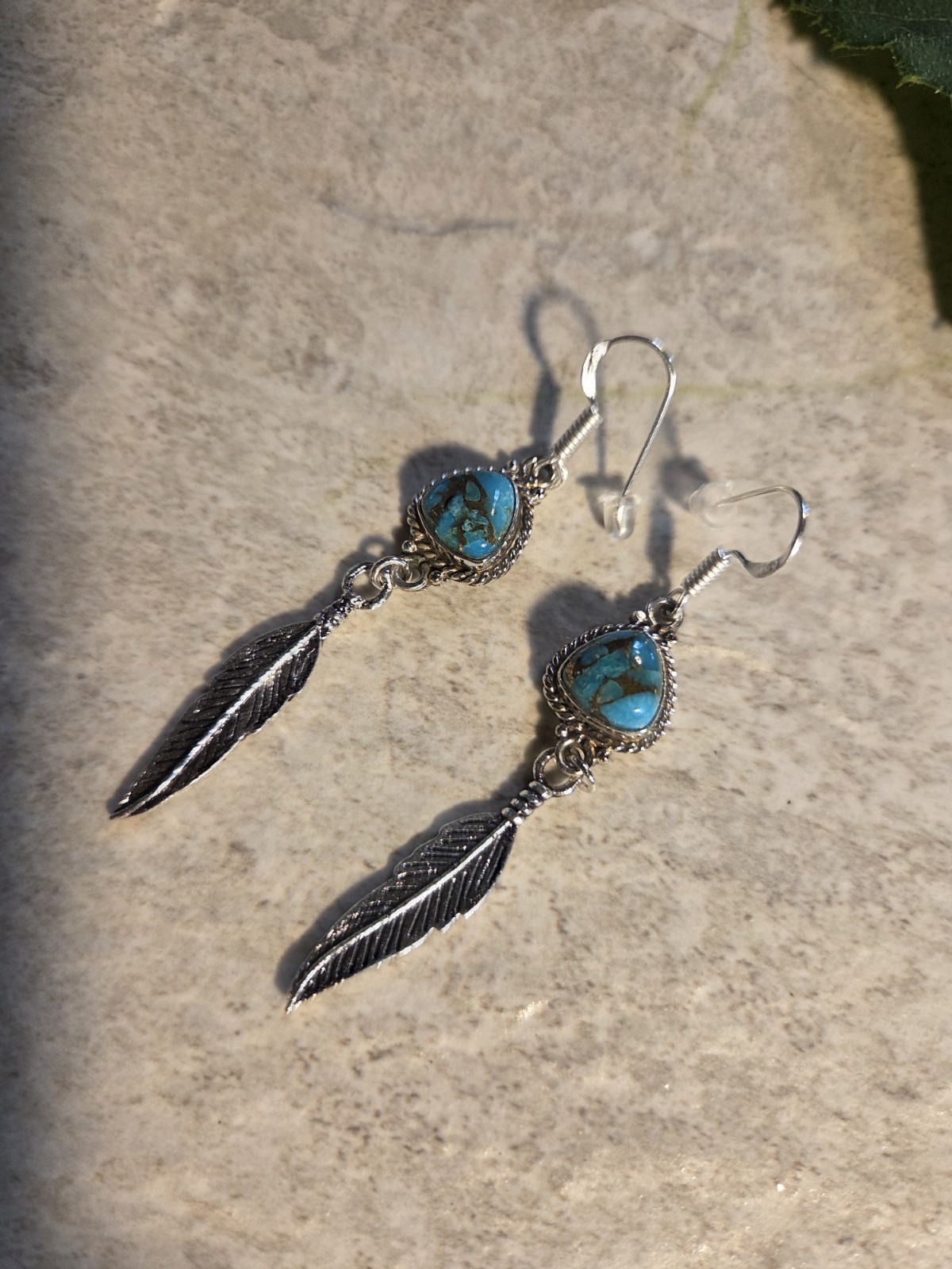 Genuine Turquoise W/ Feather Sterling Silver Dangle Earrings E20