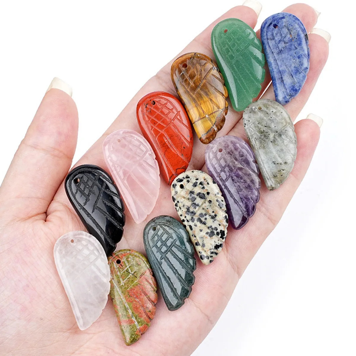 6PCS 16x30mm Angel Wing Carved Stone Pendant DIY Jewelry Necklace Making Charm