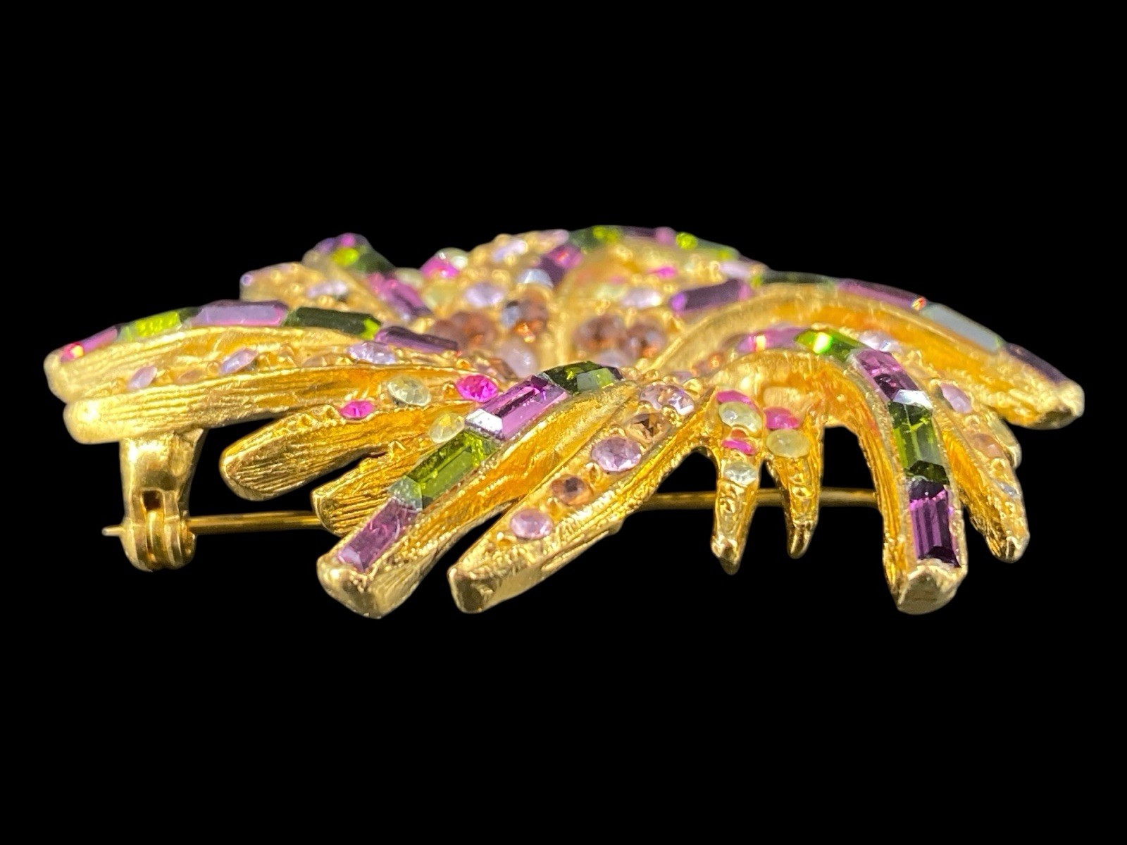 Vintage PELL Colorful Round Baguette Rhinestone Crystal Swirl Wreath Brooch