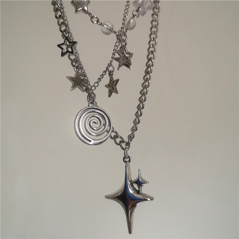 3PCS Punk Silver Star Pendant Layered Chain Necklace Y2K Grunge Unisex