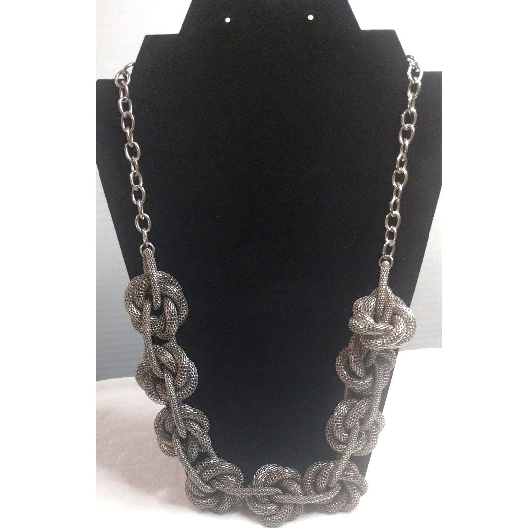 Chunky Silver Tone Knotted Mesh Statement Necklace Bold Industrial Link Chain