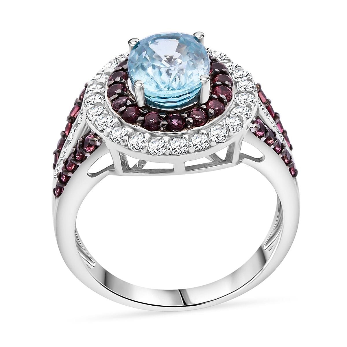 AWESOME!! 4.80ctw Blue, White and Brown Zircon Ring Rhodium Plated Size 8