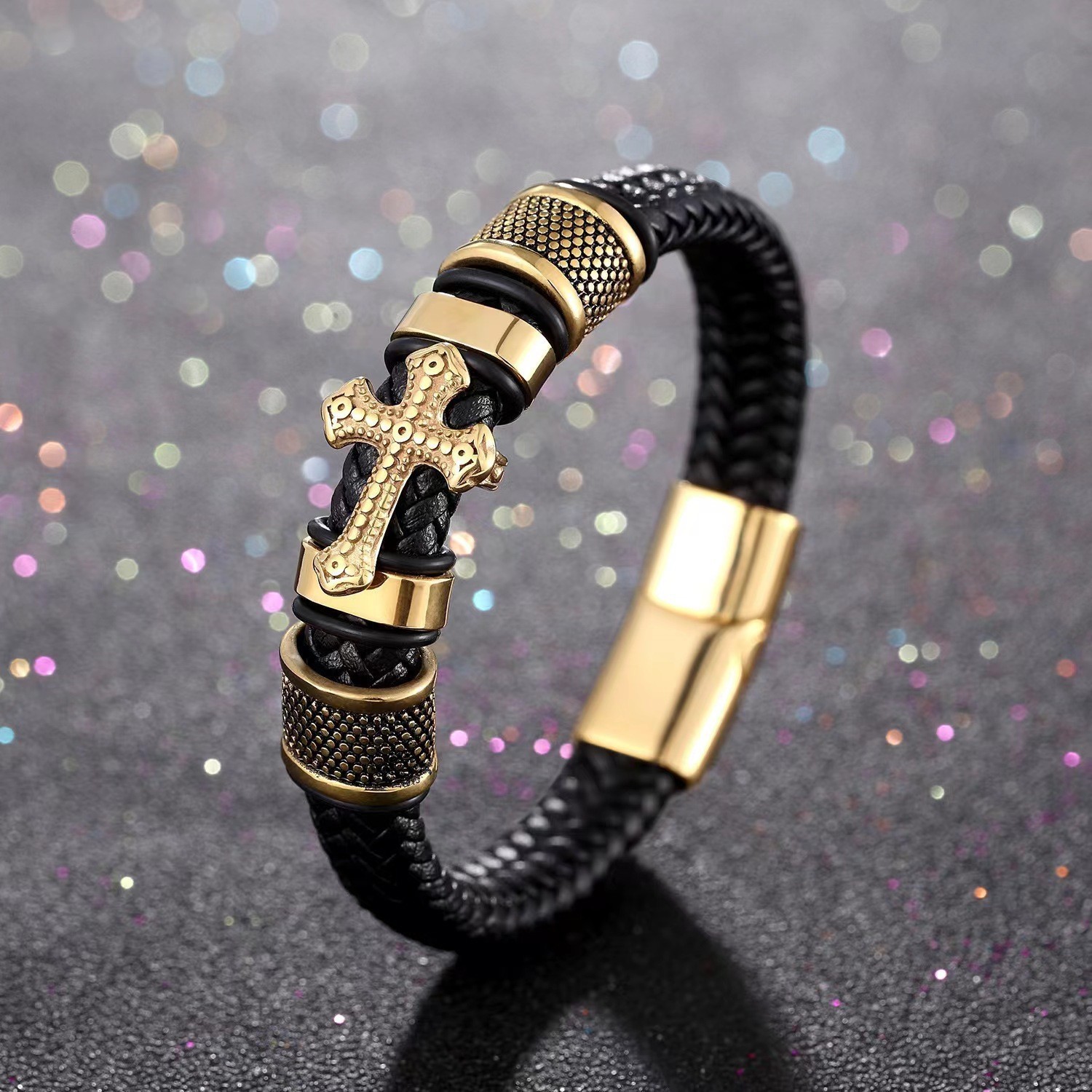 Retro Men’s Magnetic Buckle Faux Leather Fabric Stainless Steel Braided Bracelet