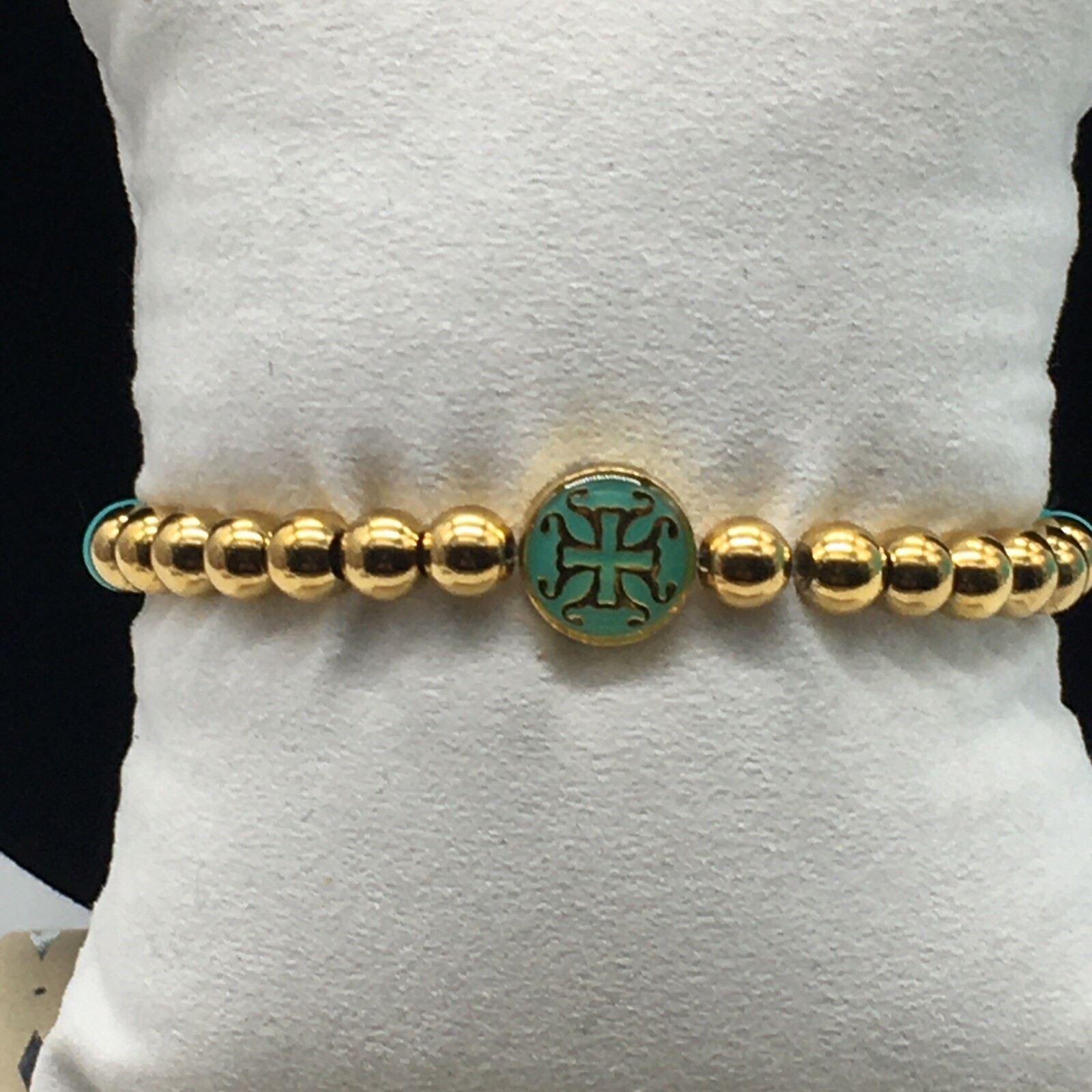 Rustic Cuff Mini Melanie Gold Tone Bracelet Teal Silicone Beaded Charm Logo