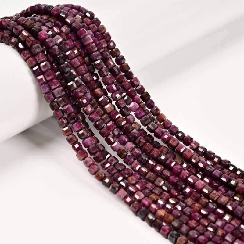 Natural Ruby Faceted Cube Beads Size 3mm 4mm 15.5″ Strand