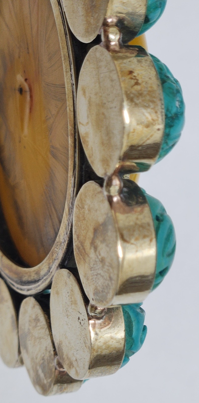 Tibetan Amber Resin Earrings/Large Pendant set in Silver, Carved Turquoise Beads