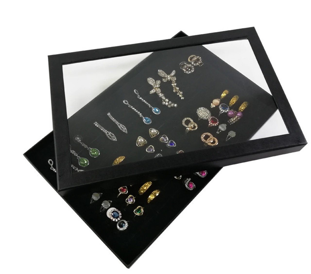 Jewelry Ring Display Organizer 100-Slots Tray Holder Earrings Black Box Case